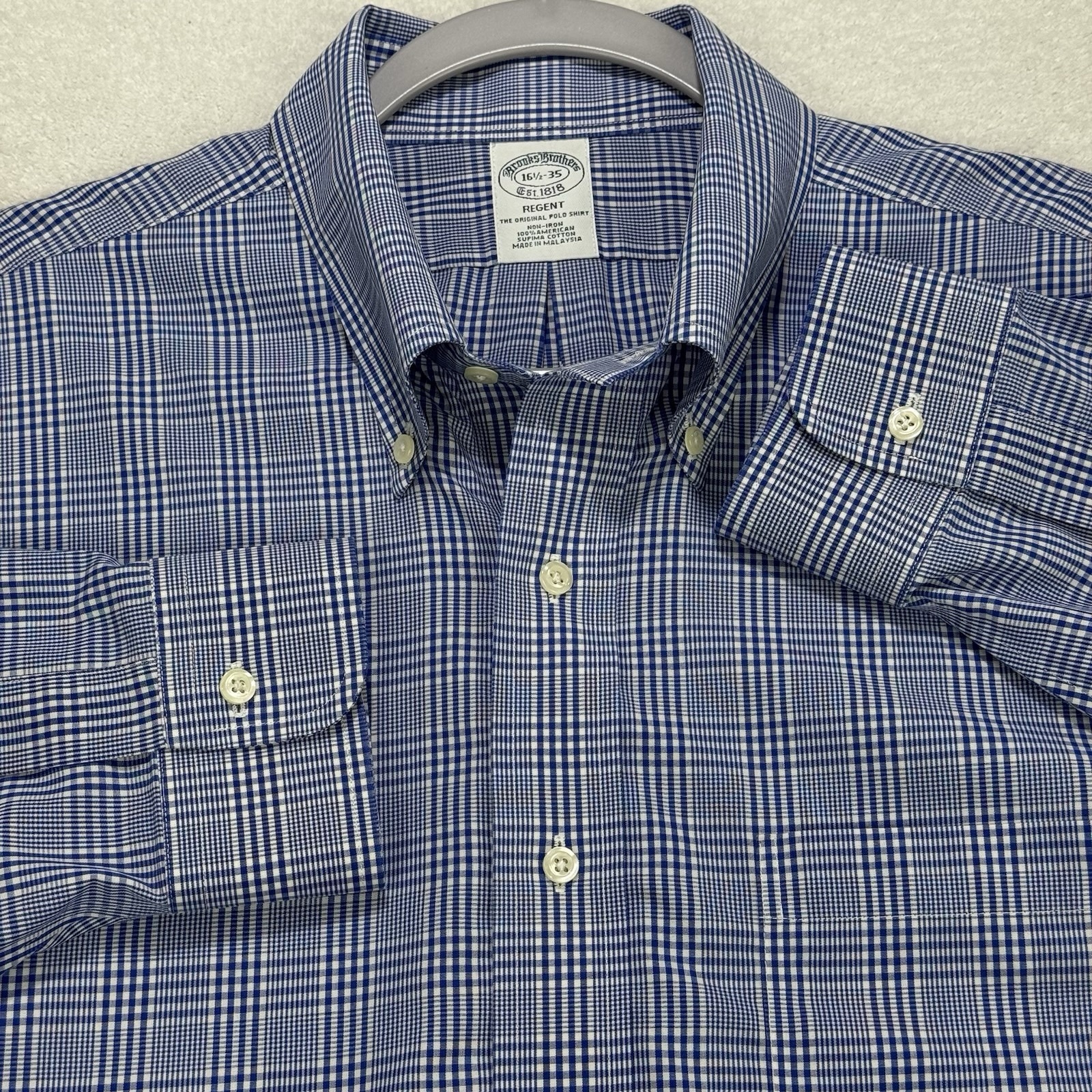 Brooks Brothers Shirt Men 16.5 Blue Glen Plaid Regent Button Down Stretch Supima